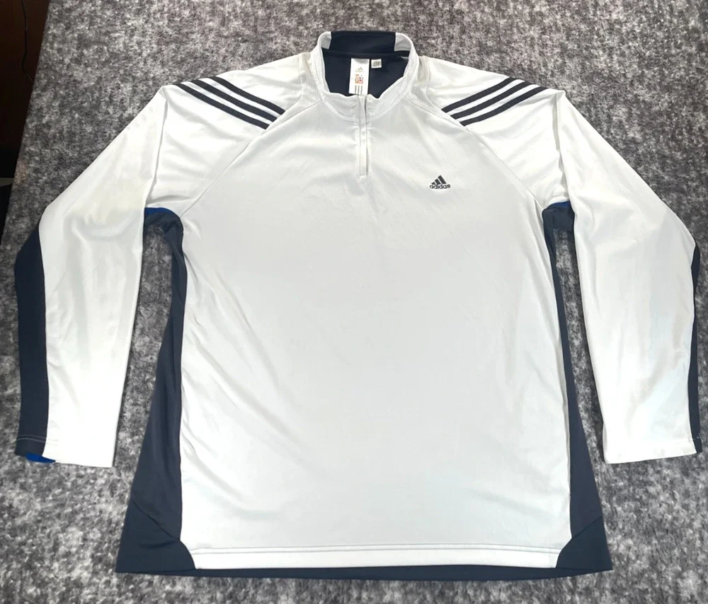 Vintage Adidas Clima Cool Mens 2XL Quarter Zip Running Shirt White Blue